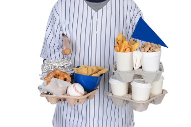 Sports Fan Carrying Food Drinks and Souvenirs clipart