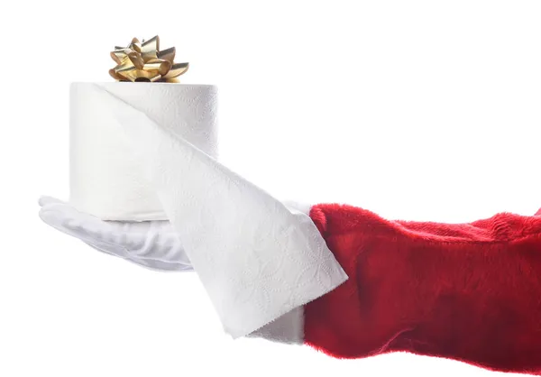 Papai Noel Mão Segurando Rolo Papel Higiênico Com Arco Ouro — Fotografia de Stock