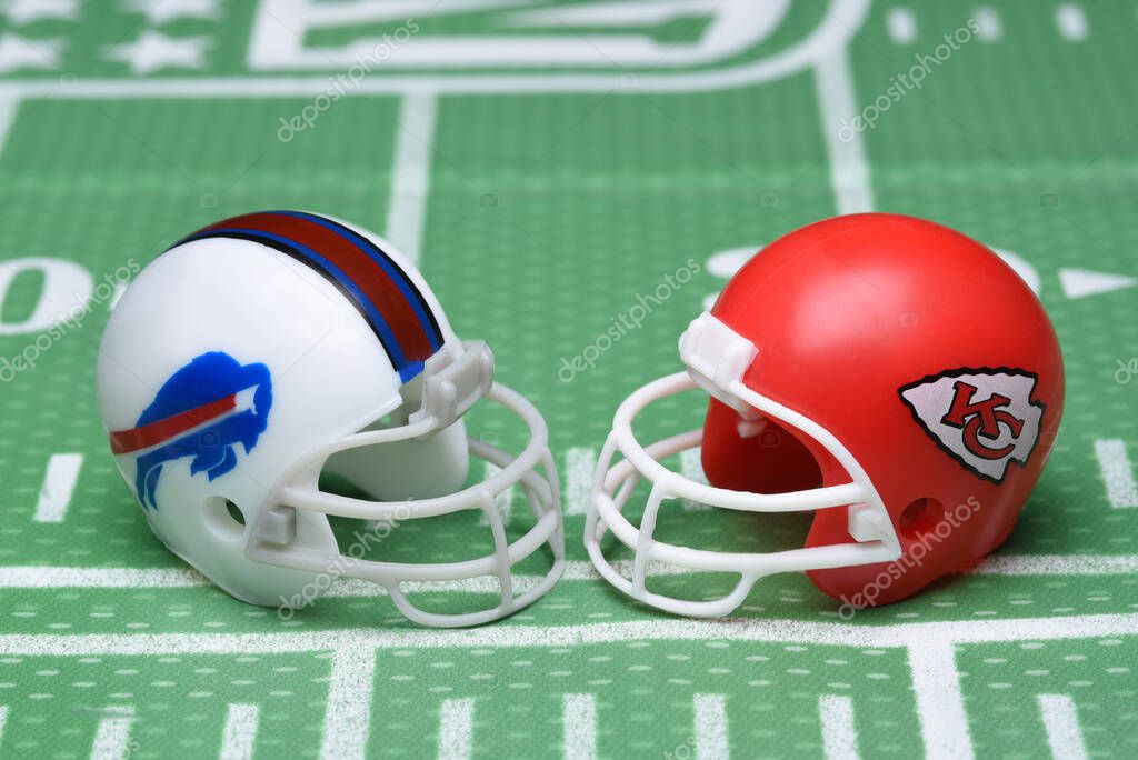 IRVINE, CALIFORNIA - 18 JAN 2022: Helmets for the Buffalo Bills and Kansas City Chiefs, opponents in the Divisional Round of Playoffs.