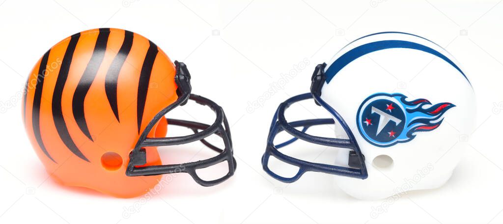 IRVINE, CALIFORNIA - 19 JAN 2022: Helmets for the Cincinnati Bengals and Tennessee Titans, opponents in the Divisional Round of Playoffs.