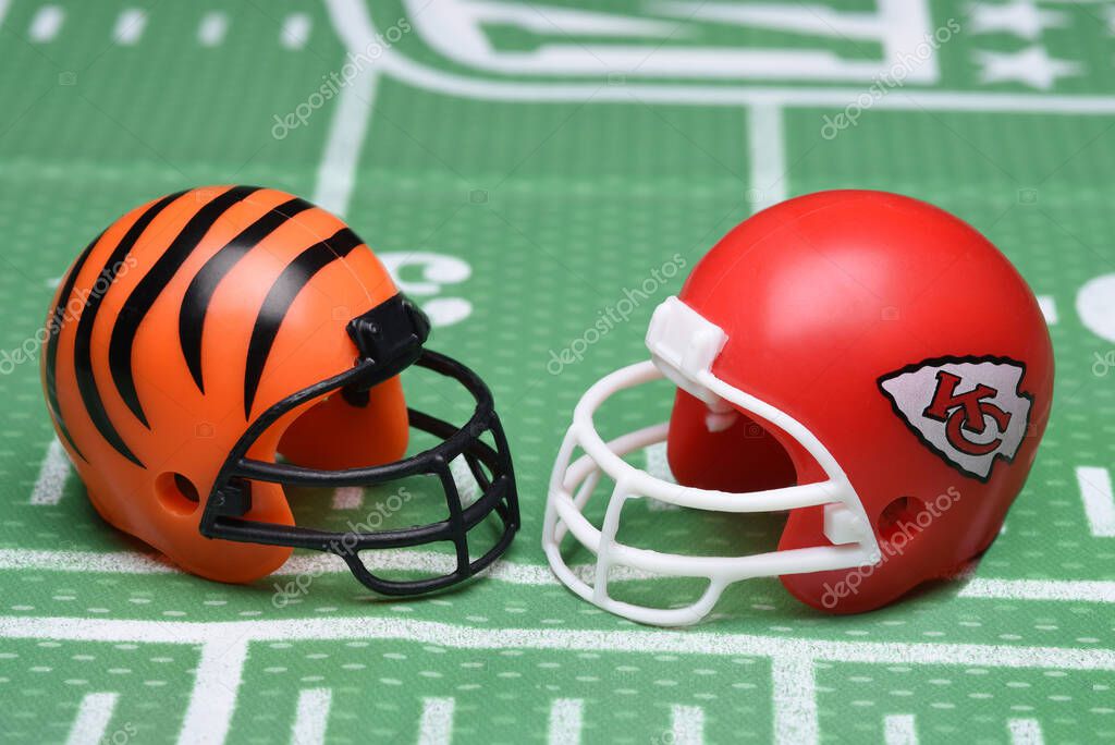 IRVINE, CALIFORNIA - 23 JAN 2022: Helmets for the Cincinnati Bengals and Kansas City Chiefs opponents in the AFC Conference Championship Game.