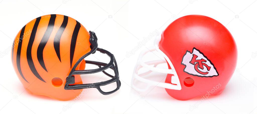 IRVINE, CALIFORNIA - 21 JAN 2022: Helmets for the Cincinnati Bengals and Kansas City Chiefs opponents in the AFC Conference Championship Game.