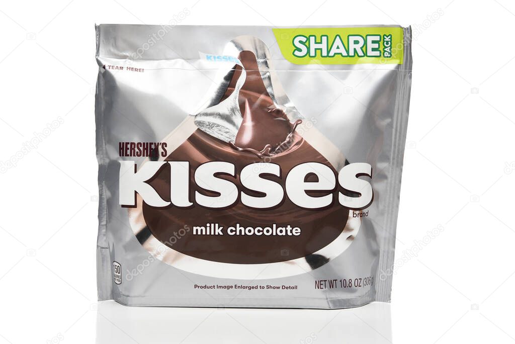IRVINE, CALIFORNIA - 29 JAN 2022: A bag of Hershey Kisses Milk Chocolate Candy.