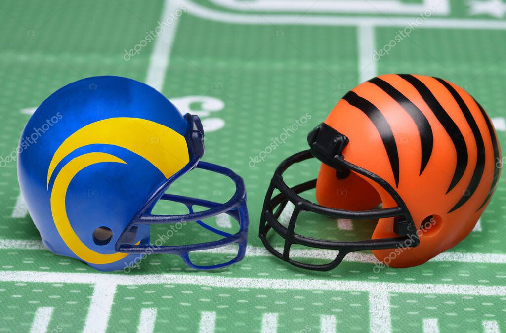 IRVINE, CALIFORNIA - 18 JAN 2022: Helmets for the Los Angeles Rams and Tampa Bay Buccaneers, opponents in the Divisional Round of Playoffs.