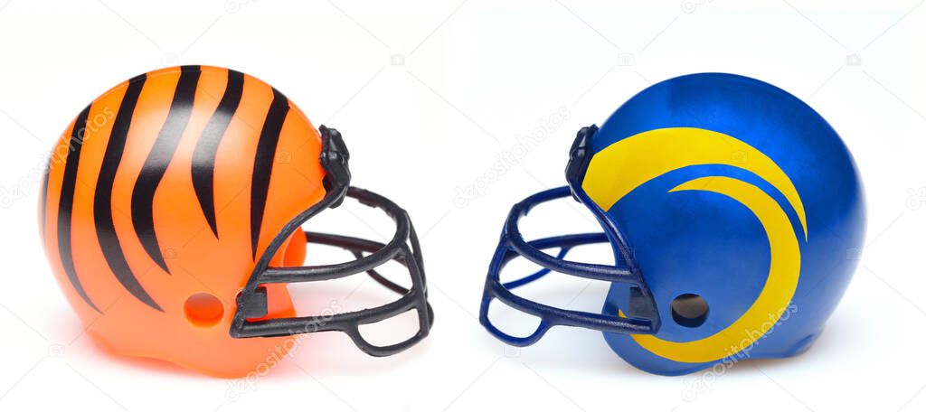 IRVINE, CALIFORNIA - 30 JAN 2022: Helmets for the Cincinnati Bengals and Los Angeles Rams, opponents in Super Bowl LVI