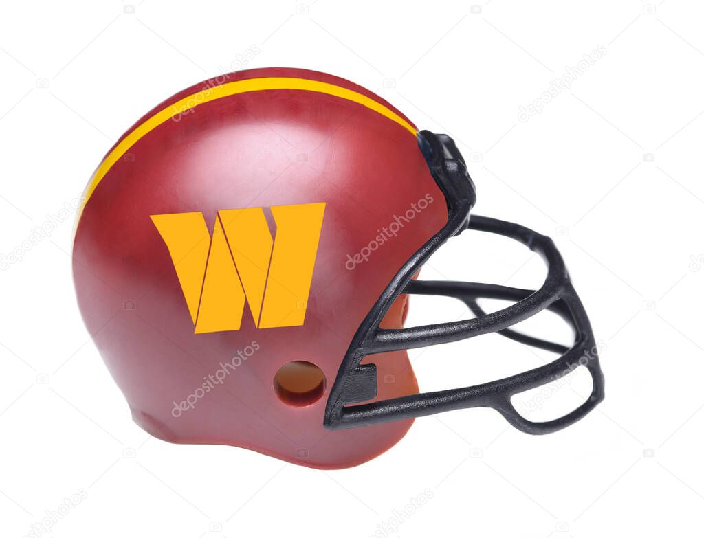 IRVINE, CALIFORNIA - 02 Feb 2022: Mini Collectable Football Helmet for the Washington Commanders of the National Football Conference East.