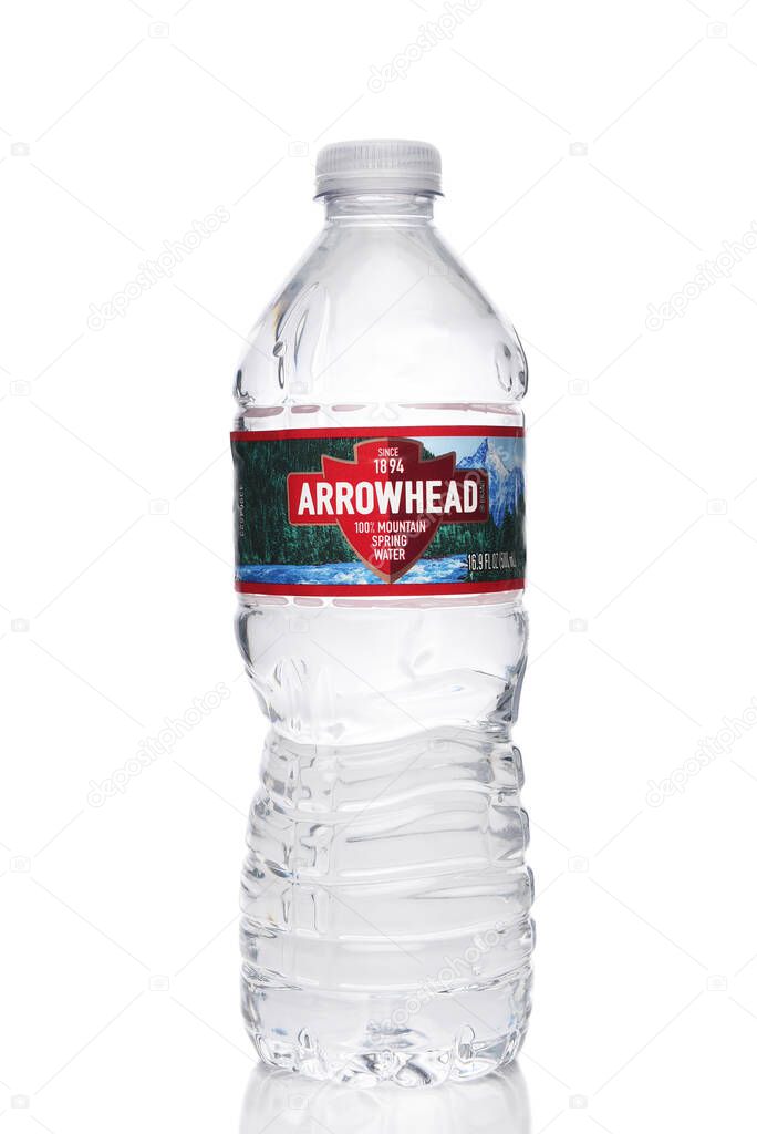 IRVINE, CALIFORNIA - 21 FEB 2022: A plastic bottle of Arrowhead Mountain Spring Water.