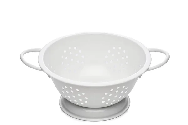 Nagy Látószögű Kilátás Egy Fehér Fém Colander Elszigetelt Fehér — Stock Fotó