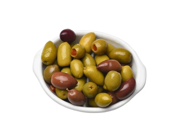 Eine Schüssel Gemischter Grüner Und Schwarzer Ganzer Oliven Und Grüner — Stockfoto
