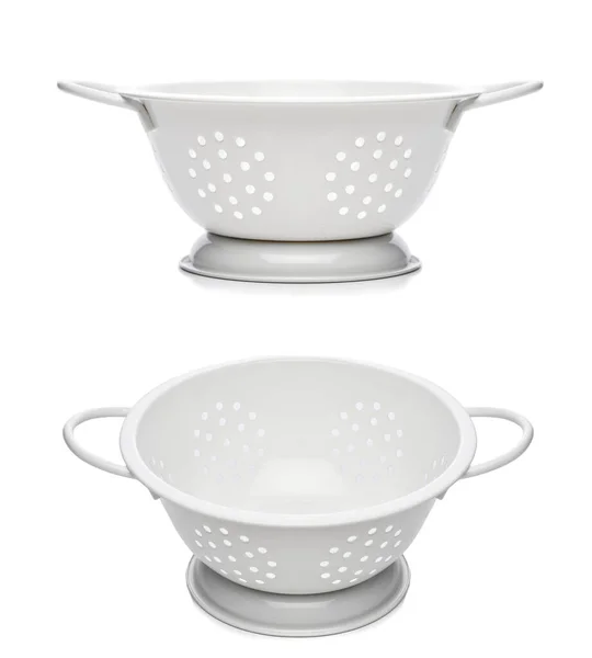 Duas Vistas Colander Branco Isolado Branco — Fotografia de Stock