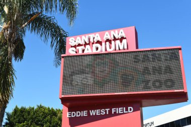 SANTA ANA, CALIFORNIA - 9 MAR 2022: sign at the Santa Ana Stadium, also known as Eddie West Field or the Santa Ana Bowl, is a city-owned 9,000 person stadium located in Downtown Santa Ana.  clipart