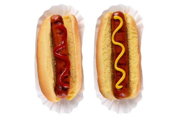 Dois Cachorros Quentes Pães Com Ketchup Outro Com Mostarda Debate — Fotografia de Stock