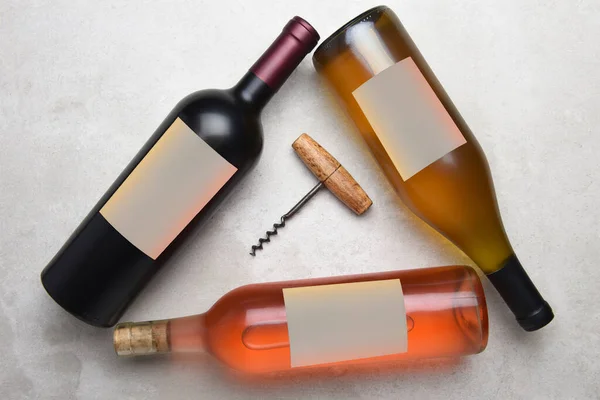 Cabernet Rose Chardonnay Overhead View Group Three Different Bottles Blank — Stockfoto