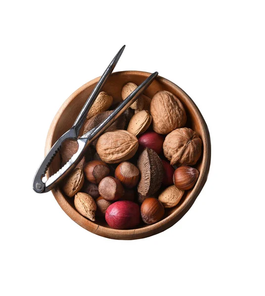 Top View Bowl Mixed Nuts Nutcracker Isolated White — Stock Photo, Image