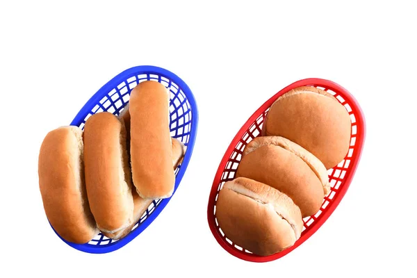Hamburger Hot Dog Buns Plastic Baskets Isolated White — Fotografia de Stock