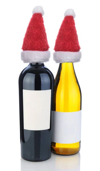 Cabernet Sauvignon Chardonnay Bottle White Santa Claus Hats — Stock Photo, Image