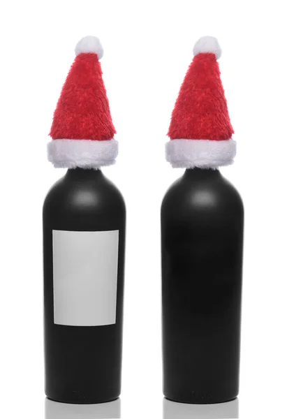 Deux Bouteilles Vin Rouge Avec Chapeaux Père Noël Une Sans — Photo