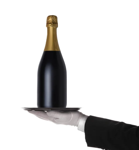 Офіціант Тримає Срібний Піднос Пляшкою Шампанського Ізольованою Білому Ручному Ручному — стокове фото