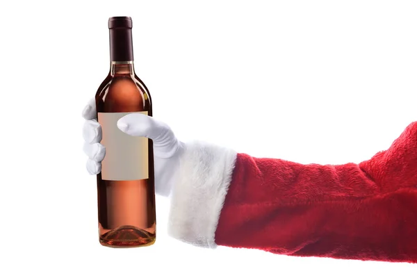 Papai Noel Segurando Uma Garrafa Vinho Blush Sobre Fundo Branco — Fotografia de Stock