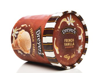 IRVINE, CALIFORNIA - 12 AUG 2022: A carton of Dreyers French Vanilla Ice Cream laying on it side.