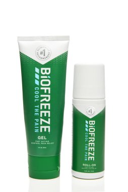 IRVINE, CALIFORNIA - 12 AUG 2022: A roll-on and Gel tube of Bio Freeze pain reliever.