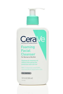 IRVINE, CALIFORNIA - 12 AUG 2022: a 12 ounce bottle of CeraVe Foaming Facial Cleanser, for Normal to Oily Skin.