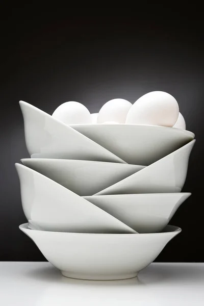 Food Still Life Eggs Group White Nested Bowls Light Dark — Stock Photo, Image