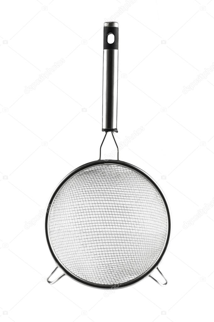 Round metal strainer isolated on white background