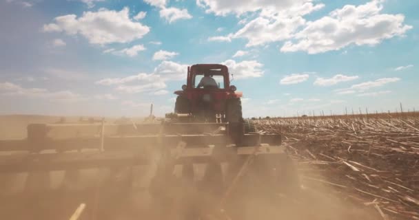 Tractor Ploughing Field Harrow Farmer Tractor Preparing Land Sowing — Stock Video