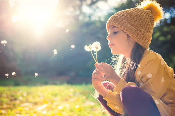 小さな美しいです女の子吹いてタンポポ上の牧草地に日 — ストック写真