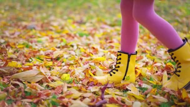 秋の公園の落ち葉の上を歩く女性の足 幸せな女の子遊び屋外 — ストック動画