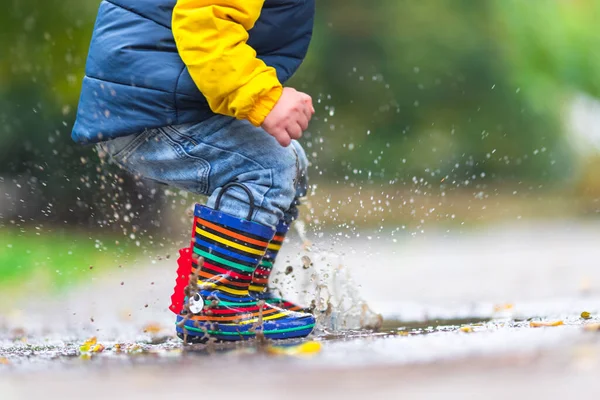 Mutlu Küçük Çocuk Sonbaharda Doğada Yağmurlu Bir Birikintisinde Zıplıyor — Stok fotoğraf