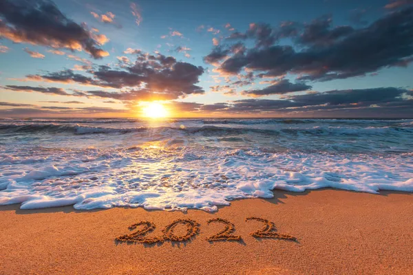 Happy New Year 2022 Concept Lettering Beach Written Text Sea — Stock Photo, Image
