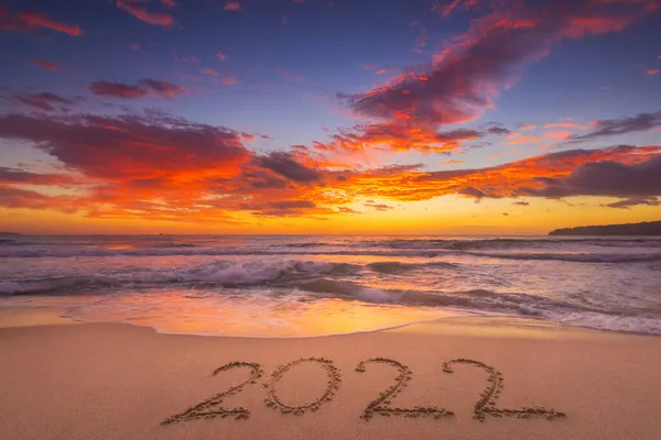Feliz Ano Novo 2022 Conceito Letras Praia Texto Escrito Praia — Fotografia de Stock
