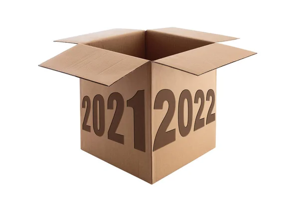 Happy New Year 2022 Concept Lettering Open Cardboard Box Isolated — Stock Photo, Image