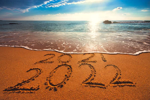 Goodbye Old 2021 Happy New Year 2022 Concept Lettering Beach — Stock Photo, Image