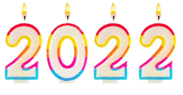 2022年新年快乐 点着被白色隔离的派对蜡烛 — 图库照片