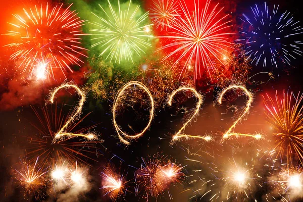 2022 Happy New Year Written Sparkle Firework Black Background — Stock Photo, Image