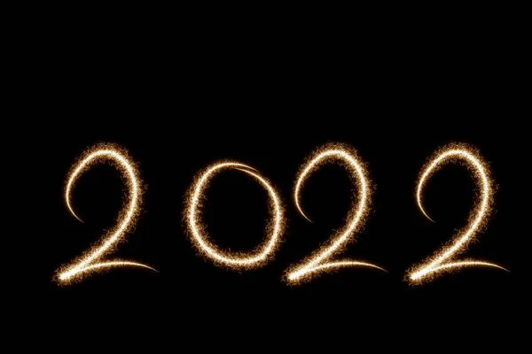 2022 Escrito Con Fuegos Artificiales Sparkle Sobre Fondo Negro Feliz — Foto de Stock