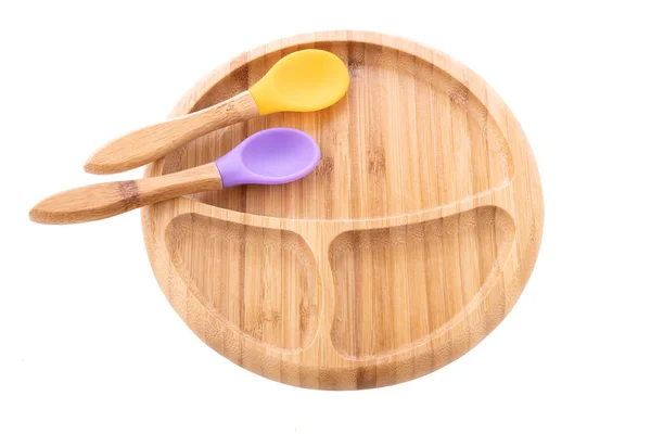 Wooden Bowl Bamboo Plate Spoon Isolated Whit Background — Stock Photo, Image