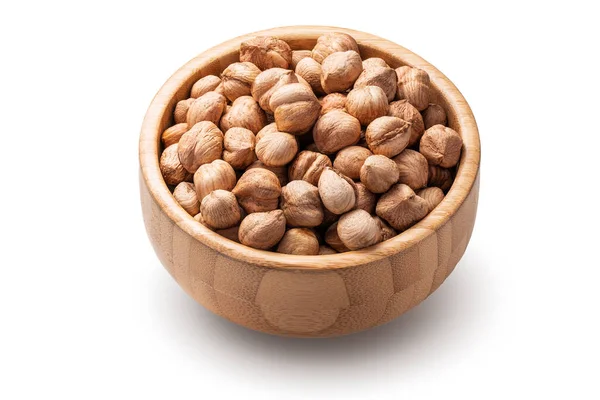Hazelnuts Wooden Bowl White Background Raw Nuts Isolated — Stock Photo, Image