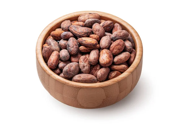 Haricots Cacao Dans Bol Bois Isolé Sur Fond Blanc — Photo