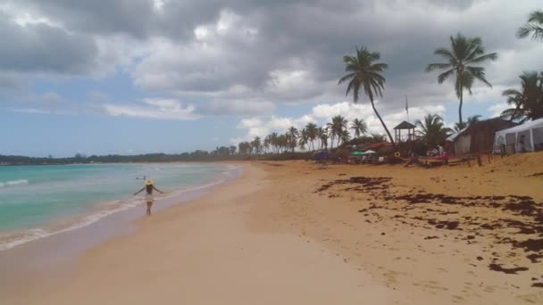 Carefree Žena Těší Dlouhé Pobřeží Tropickém Ráji Ostrov Palmami Oceány — Stock video