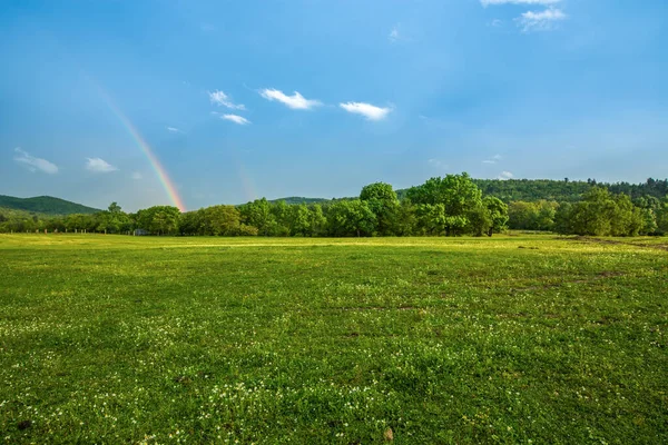 Tęcza Nad Polami Drzewami Farmie Skraju Jeziora — Zdjęcie stockowe