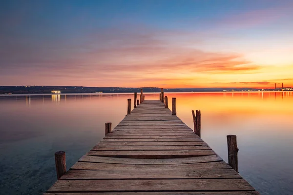 Petit Quai Jetée Bois Lac Mer Coucher Soleil — Photo