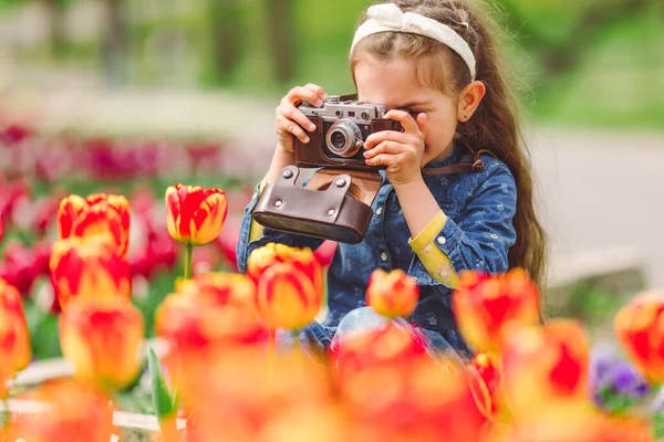 Kislány Régi Vintage Fényképezőgép Hogy Képeket Tulipánok Virágok Kertben — Stock Fotó