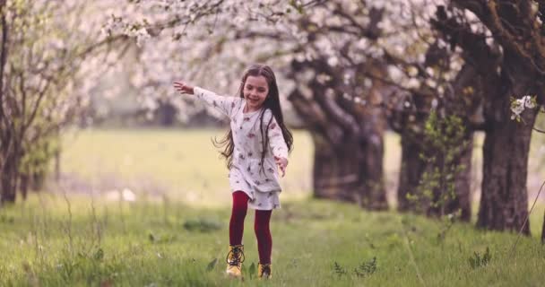조심스럽고 소녀는 뛰면서 과수원에 나무를 즐긴다 — 비디오