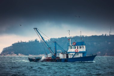 Denizde balıkçı teknesi ve balıkçı, denizin üstünde sisli bir sabah.