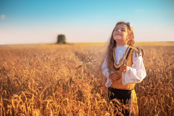 전통적 불가리아 의상을 소녀가 수확기에 산업용 혼합기를 가지고 농사일을 — 스톡 사진