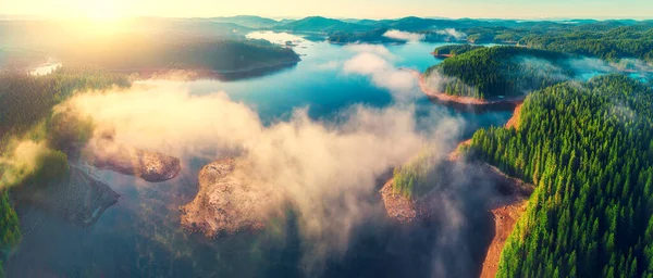 Aerial View Morning Fog Lake Sunrise Shot — Stock Photo, Image